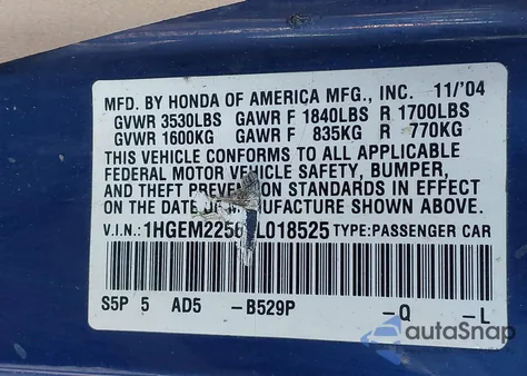 2005 Honda Civic Lx from USA, damaged, VIN 1HGEM22565L018525